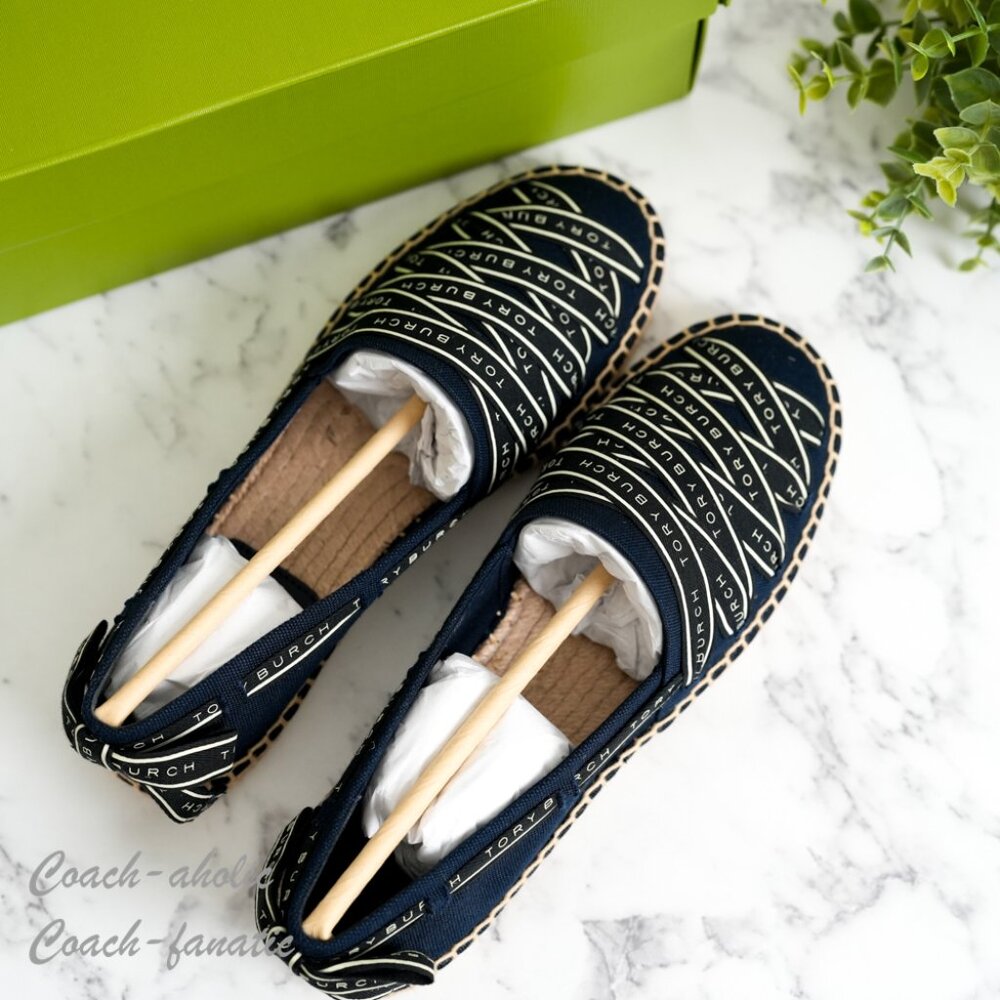 NIB Tory Burch Ribbon Canvas Espadrille Flats in Perfect Navy Size 7.5